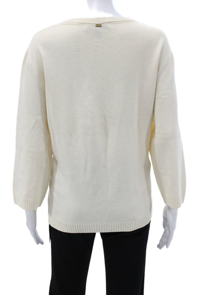 St. John Sport Women Ivory V Neck Pullover Sweater Knit 3/4 Sleeve Size XL