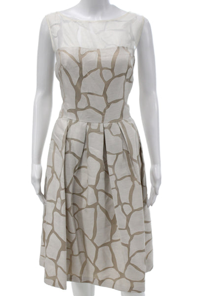Kay Unger Womens Fit & Flare Beige Geometric Boat Neck Zip Midi Dress Size 16