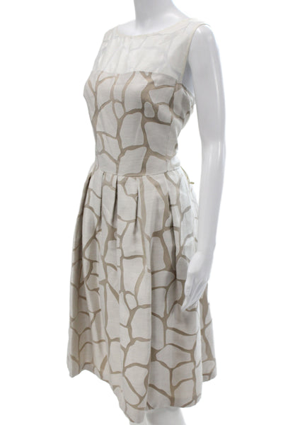 Kay Unger Womens Fit & Flare Beige Geometric Boat Neck Zip Midi Dress Size 16