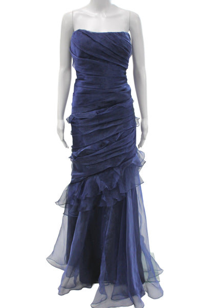 Theia Women Blue Mermaid Long Sweetheart Sleeveless Nylon Dress Size 16