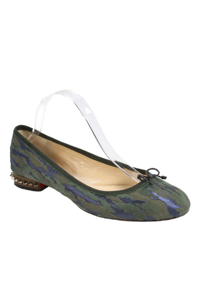 Christian Louboutin Womens Spiked Camouflage  Bow Ballet Flat Green Size 9.5