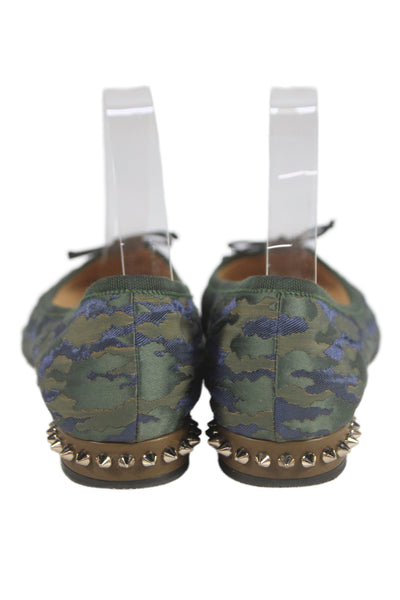 Christian Louboutin Womens Spiked Camouflage  Bow Ballet Flat Green Size 9.5