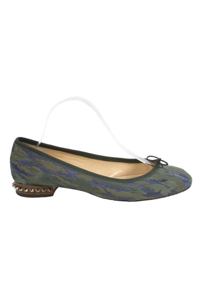 Christian Louboutin Womens Spiked Camouflage  Bow Ballet Flat Green Size 9.5