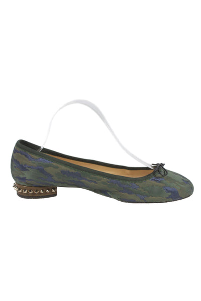 Christian Louboutin Womens Spiked Camouflage  Bow Ballet Flat Green Size 9.5