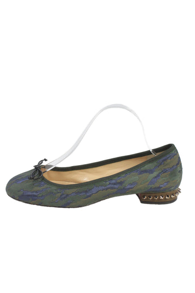 Christian Louboutin Womens Spiked Camouflage  Bow Ballet Flat Green Size 9.5