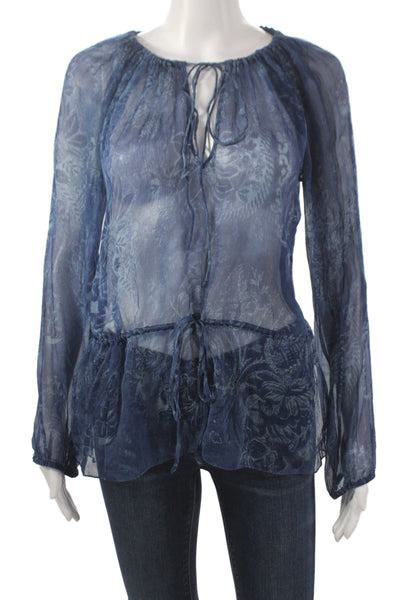 Ralph Lauren Black Label Womens Blue Bohemian Tunic Blouse Long Sleeve Size M