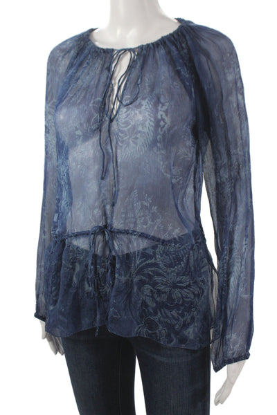 Ralph Lauren Black Label Womens Blue Bohemian Tunic Blouse Long Sleeve Size M