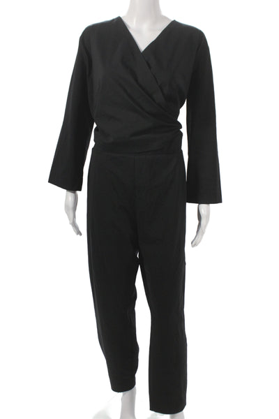 Aday Womens Black V Neck Long Sleeve Jumpsuit Button Nylon Size XL
