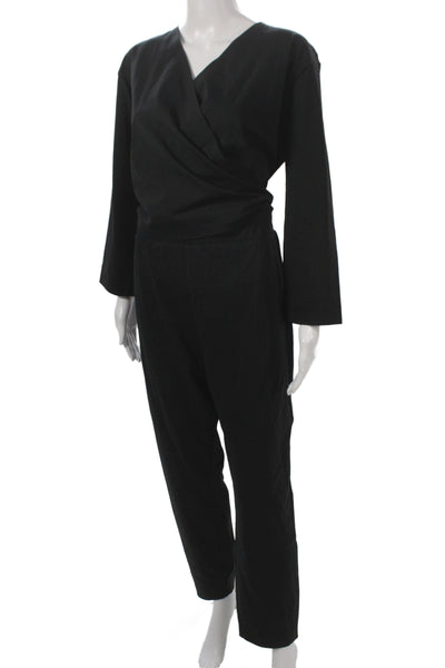 Aday Womens Black V Neck Long Sleeve Jumpsuit Button Nylon Size XL