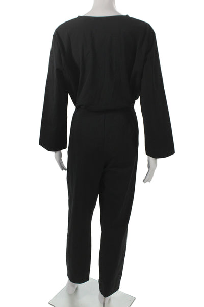 Aday Womens Black V Neck Long Sleeve Jumpsuit Button Nylon Size XL