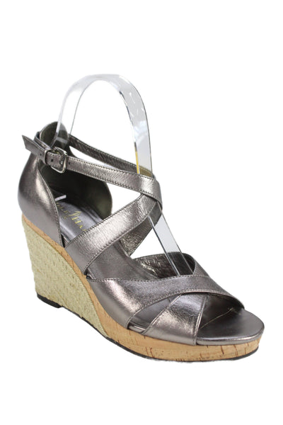 Cole Haan Womens Leather Strappy Espadrille Wedge Sandals Silver Size 7 B