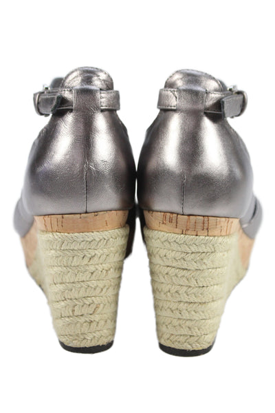 Cole Haan Womens Leather Strappy Espadrille Wedge Sandals Silver Size 7 B