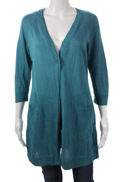 Lafayette 148 New York Women Cardigan Blue Linen V Neck 3/4 Sleeve Size S