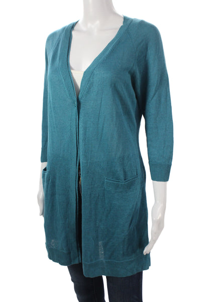 Lafayette 148 New York Women Cardigan Blue Linen V Neck 3/4 Sleeve Size S