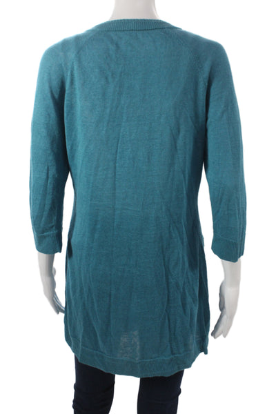 Lafayette 148 New York Women Cardigan Blue Linen V Neck 3/4 Sleeve Size S