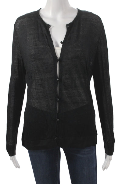 Lafayette 148 New York Women Black Linen Cardigan Long Sleeve Round Neck Size M