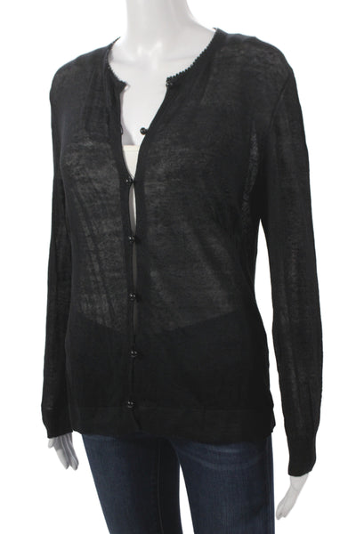 Lafayette 148 New York Women Black Linen Cardigan Long Sleeve Round Neck Size M