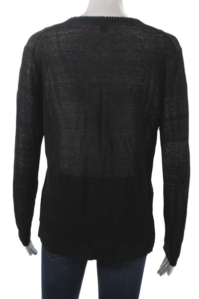 Lafayette 148 New York Women Black Linen Cardigan Long Sleeve Round Neck Size M