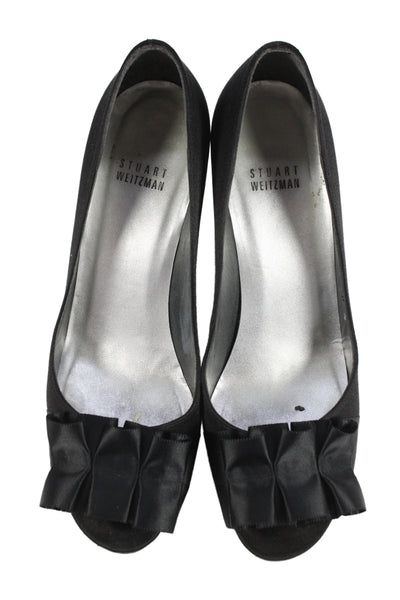 Stuart Weitzman Womens Stiletto Satin Ruffled Peep Toe Pumps Black Size 8M