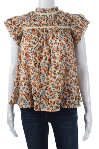 Ulla Johnson Women Tunic Beige Floral High Neck Cap Sleeve Tie Cotton Size 0