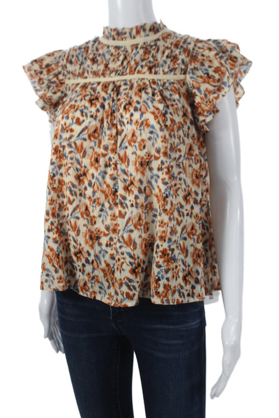 Ulla Johnson Women Tunic Beige Floral High Neck Cap Sleeve Tie Cotton Size 0