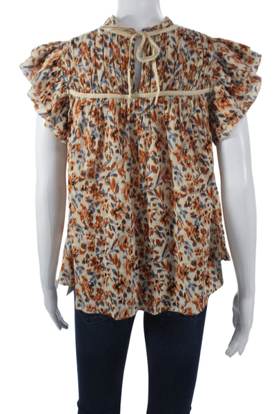 Ulla Johnson Women Tunic Beige Floral High Neck Cap Sleeve Tie Cotton Size 0