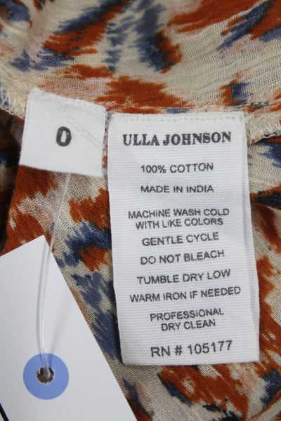 Ulla Johnson Women Tunic Beige Floral High Neck Cap Sleeve Tie Cotton Size 0