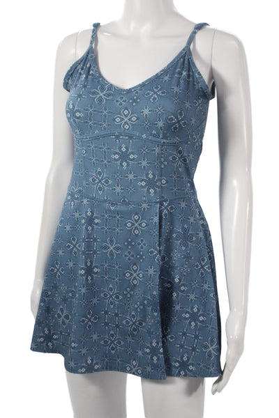 Joy Lab Womens Fit & Flare Blue Geometric V-Neck Sleeveless Boho Romper Size S