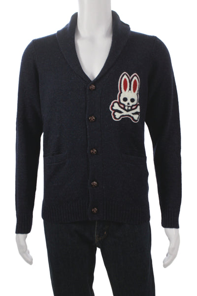 Psycho Bunny Mens Cardigan V Neck 100% Wool Blue Long Sleeve Skull Size XS