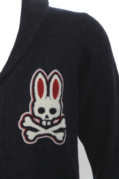 Psycho Bunny Mens Cardigan V Neck 100% Wool Blue Long Sleeve Skull Size XS