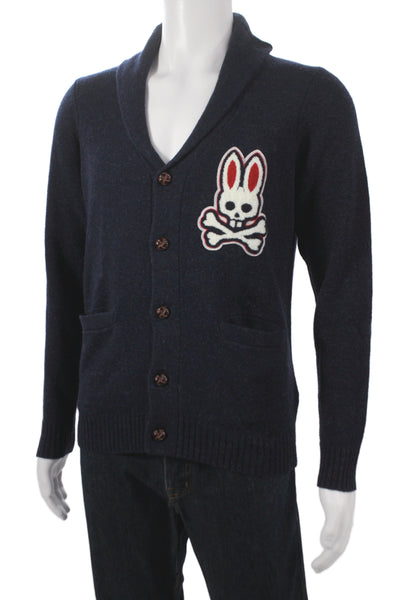 Psycho Bunny Mens Cardigan V Neck 100% Wool Blue Long Sleeve Skull Size XS