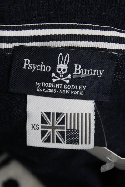 Psycho Bunny Mens Cardigan V Neck 100% Wool Blue Long Sleeve Skull Size XS