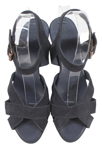 Arche Womens Suede Open Toe Ankle Strap Wedge Heels Sandals Shoes Navy Size 11