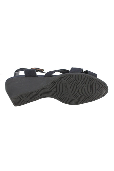 Arche Womens Suede Open Toe Ankle Strap Wedge Heels Sandals Shoes Navy Size 11
