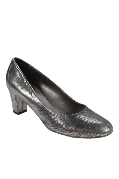 Aquatalia Womens Metallic Embossed Block Heels Pumps Shoes Silver Sz 10