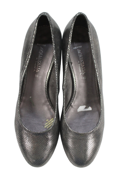 Aquatalia Womens Metallic Embossed Block Heels Pumps Shoes Silver Sz 10
