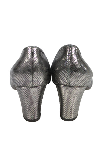 Aquatalia Womens Metallic Embossed Block Heels Pumps Shoes Silver Sz 10