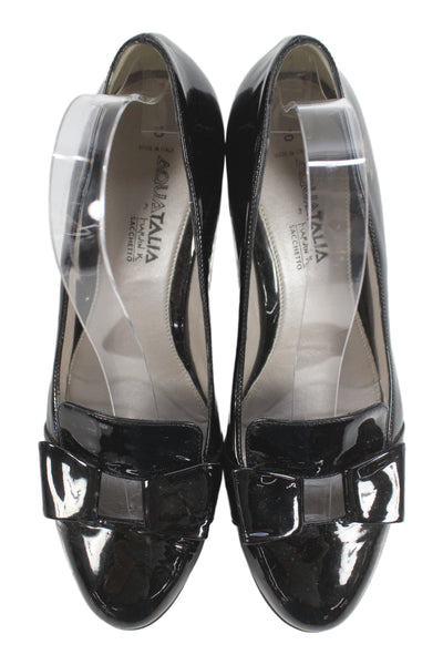 Aquatalia Womens Shiny Leather Embellished Block Heels Pumps Shoes Black Sz 10