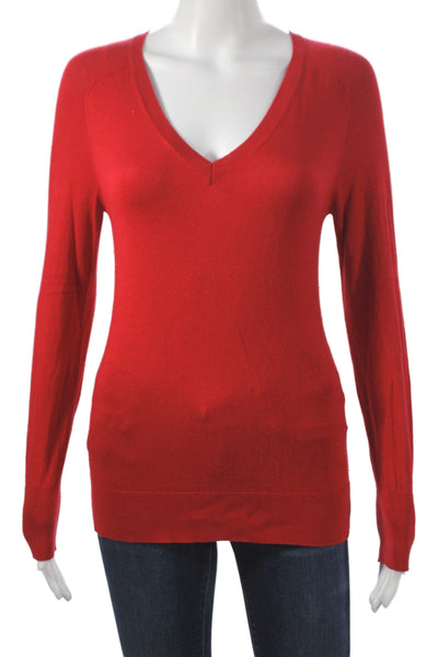 Magaschoni Women Red Silk V-Neck Pullover Sweater Long Sleeve Size S