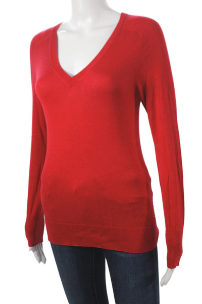 Magaschoni Women Red Silk V-Neck Pullover Sweater Long Sleeve Size S