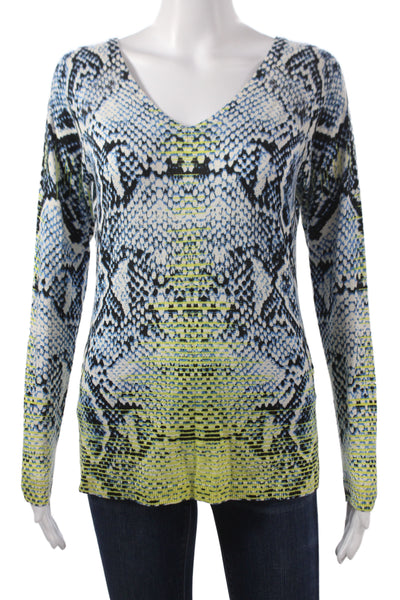 Magaschoni Womens Pullover Blue Animal Print V-Neck Long Sleeve Silk Size S