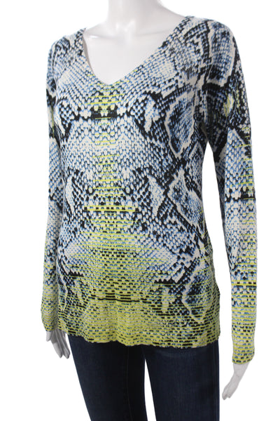 Magaschoni Womens Pullover Blue Animal Print V-Neck Long Sleeve Silk Size S