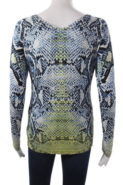 Magaschoni Womens Pullover Blue Animal Print V-Neck Long Sleeve Silk Size S