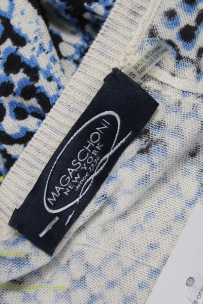 Magaschoni Womens Pullover Blue Animal Print V-Neck Long Sleeve Silk Size S