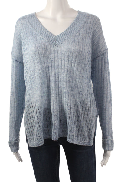 White + Warren Women Pullover V-Neck Striped Linen Long Sleeve Blue Size M
