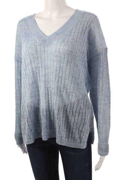 White + Warren Women Pullover V-Neck Striped Linen Long Sleeve Blue Size M