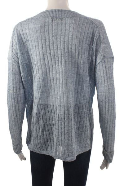 White + Warren Women Pullover V-Neck Striped Linen Long Sleeve Blue Size M