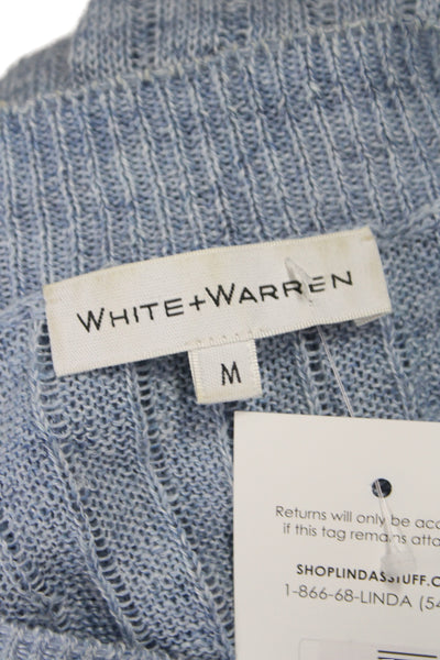 White + Warren Women Pullover V-Neck Striped Linen Long Sleeve Blue Size M