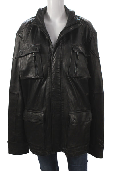 Calvin Klein Mens Military Leather Jacket Black Size XL