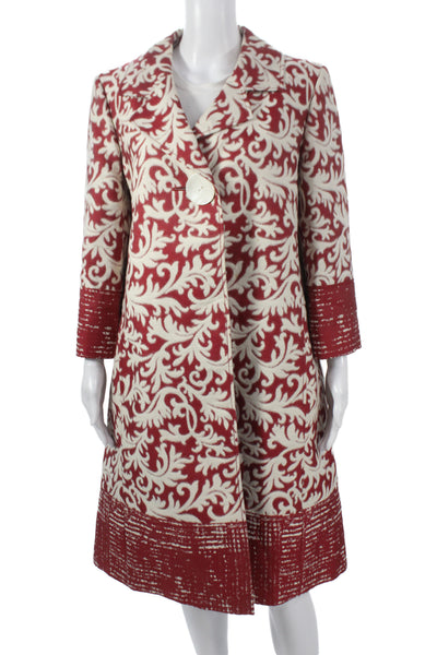Ellen Tracy Womens Brocade Print Coat Skirt Suit Red White Cotton Size 12/14